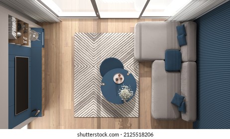 Cozy Blue And Wooden Living Room In Modern Apartment, Parquet Floor, Window, Velvet Sofa, Carpet, Table With Flowers, Television, Window. Top View, Plan, Above. Interior Design Idea, 3d Illustration