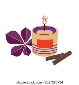 A Cozy Burning Candle With Cinnamon Sticks, And A Maple Leaf. White Background, Clipart.