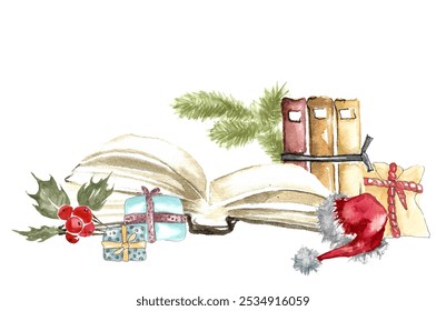 Cozy Christmas reading. Large open book with Santa Claus hat, fir branch, holly with red berries and presents. Hand drawn watercolor illustration - Powered by Shutterstock