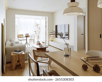 A cozy and contemporary open-plan space featuring a wooden dining table, a comfortable sofa, and a light-filled work nook, all in warm, inviting tones