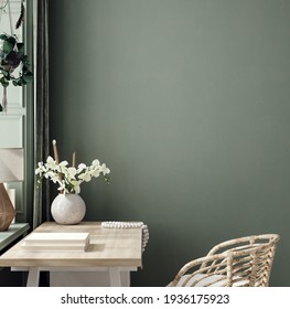 Cozy Dark Green Workplace Interior At Home, Wall Mockup, 3d Render