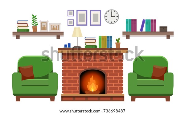 Cozy Elegant Interior Fireplace Two Armchairs Stock Illustration