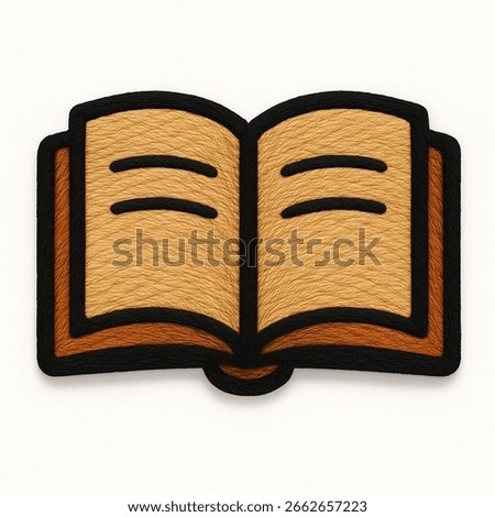 A cozy embroidered patch of an open book with textured beige and brown pages. The thick black border adds a distinct, classic charm to this educational and literary icon.
