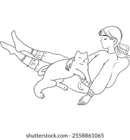 cozy girl with cat line art drawing sketch flat design illustration - Powered by Shutterstock