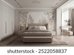 Cozy home bedroom interior with bed, nightstand with decoration and art on the wall Sleep room with panoramic window and warm lighting. 3D rendering. Mock up.