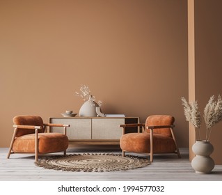 Cozy Home Interior With Wooden Furniture On Brown Background, Empty Wall Mockup In Boho Decoration, 3d Render, 3d Illustration