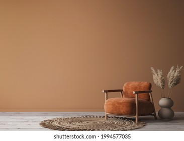 Cozy Home Interior With Wooden Furniture On Brown Background, Empty Wall Mockup In Boho Decoration, 3d Render, 3d Illustration