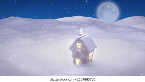 A cozy house nestles in a snowy landscape under a moonlit sky. Warm light spills from the windows, suggesting a serene home environment amidst the winter chill. - Powered by Shutterstock