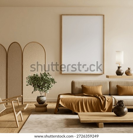 Cozy Japandi–Scandinavian interior featuring a wall-mounted poster frame mock-up with natural textures and serene minimalist balance. 3D illustration