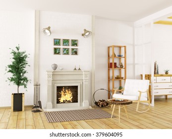 Cozy Interior Of Living Room With Fireplace And Rocking Chair 3d Render