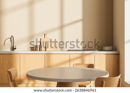 Cozy kitchen interior featuring light wood cabinets, round dining table, cutting boards, and soft beige walls with sunlight shadows. 3D Rendering