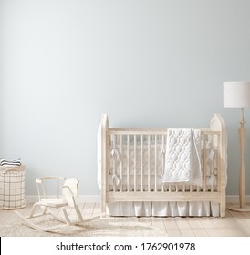 Cozy light blue nursery with natural wooden furniture, 3d render