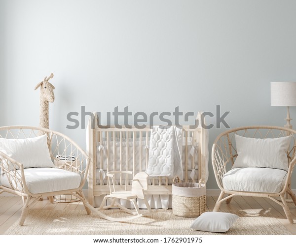 Cozy light blue nursery with natural wooden\
furniture, 3d\
render