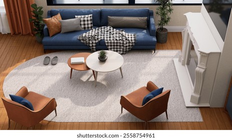 A cozy living room featuring a blue sofa, modern chairs, a round coffee table, and a stylish rug, creating a warm and inviting atmosphere. 3d rendering - Powered by Shutterstock