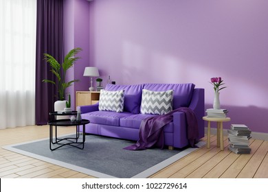 Cozy  Living Room Interior Decorated,Ultraviolet Home Decor Concept ,purple Sofa And Black Coofee Table On Light Purple Wall Color And Wooden Floor ,3d Render