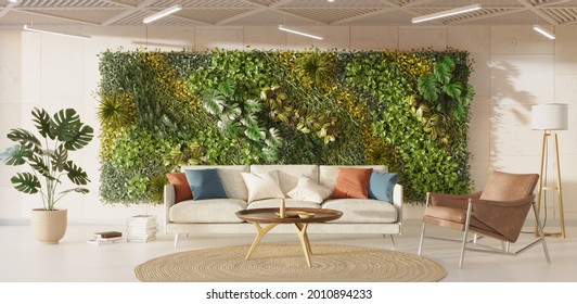 Cozy Living Room Interior With Green Wall, 3d Render