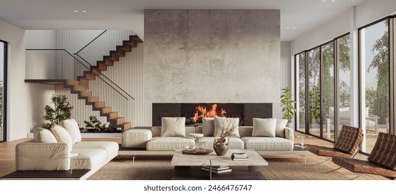 Cozy living room interior with large windows, staircase, fireplace and decor. Modern design solution, 3d rendering