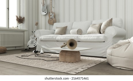 Cozy Living Room In White Tones, Striped Wallpaper, Sofa With Pillows, Musical Instruments Hanging On The Wall, Concrete Floor Tiles, Carpet And Decors. Modern Interior Design, 3d Illustration