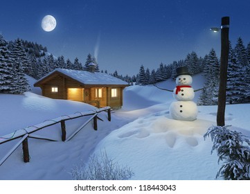 Cozy Log Cottage In A Winter Scene With Snowman, Christmas Lights And A Big Moon On The Sky