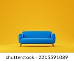 Cozy luxury blue couch over yellow studio background. 3d render illustration.