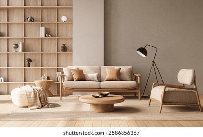 Cozy, minimalist living room with wood, neutral tones and large windows, 3d rendering 
