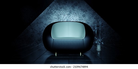 Cozy Minimalist Soft Chair In Dark Grunge Cold Cement Concrete Room Cyber Virtual Space Silent Spaceship Throne Scandinavian Modern 3D Rendering Illustration