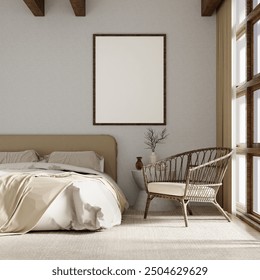 Cozy Modern Bedroom Interior with Wooden Frame, Neutral Tones, and Natural Light - Perfect for Home Decor Inspiration and Design Ideas. 3D Illustration - Powered by Shutterstock