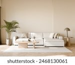 A cozy and modern living room featuring a minimalist design with a white sectional sofa, wood accents, and indoor plant, 3d render.