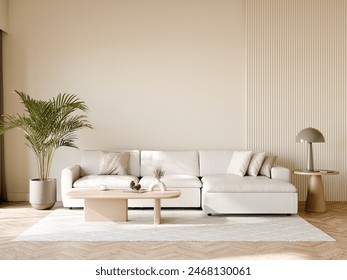 A cozy and modern living room featuring a minimalist design with a white sectional sofa, wood accents, and indoor plant, 3d render. - Powered by Shutterstock