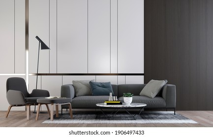 Cozy modern mock up design of living room interior have sofa,armchair and lamp with white pattern wall background, 3d render