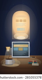 A cozy nighttime workspace scene featuring a softly illuminated laptop on a wooden desk beside a steaming coffee mug and stacked books, all bathed in the warm glow of a desk lamp while a glowing digital document interface floats magically in the dark starry background above the screen.