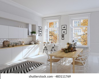 Cozy Nordic Kitchen In An Apartment. Thanksgiving And Fall Concept. 3D Rendering