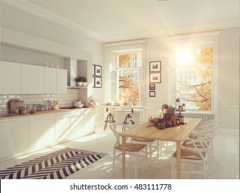 Cozy Nordic Kitchen In An Apartment. Thanksgiving And Fall Concept. 3D Rendering