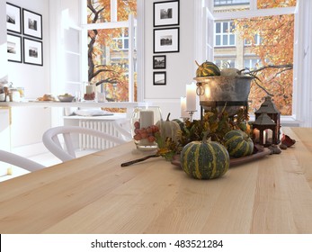 Cozy Nordic Kitchen In An Apartment. Thanksgiving And Fall Concept. 3D Rendering