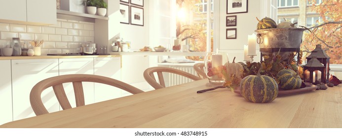 Cozy Nordic Kitchen In An Apartment. Thanksgiving And Fall Concept. 3D Rendering