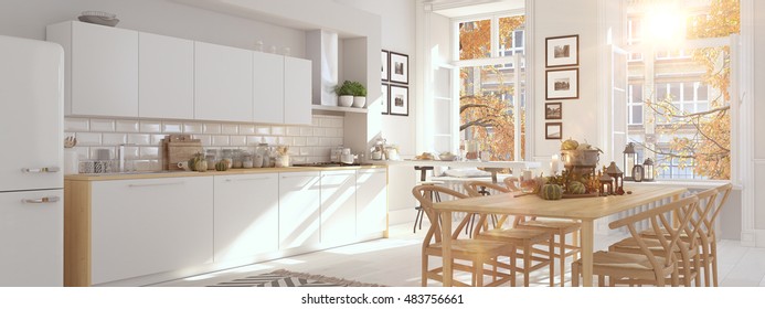 Cozy Nordic Kitchen In An Apartment. Thanksgiving And Fall Concept. 3D Rendering