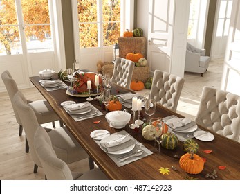 Cozy Nordic Kitchen In An Apartment. Thanksgiving And Fall Concept. 3D Rendering