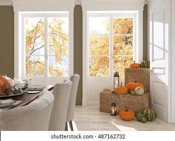 Cozy Nordic Kitchen In An Apartment. Thanksgiving And Fall Concept. 3D Rendering