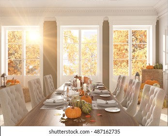 Cozy Nordic Kitchen In An Apartment. Thanksgiving And Fall Concept. 3D Rendering