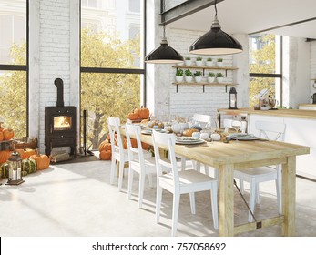 Cozy Nordic Kitchen In An Apartment. Thanksgiving And Fall Concept. 3D Rendering