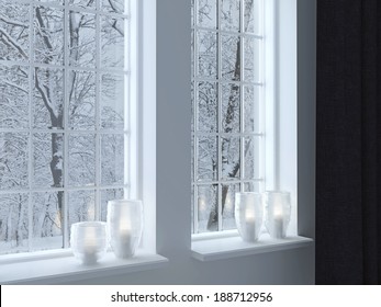 Cozy Room. Candlesticks On A Windowsill. Winter Landscape Through The Window.