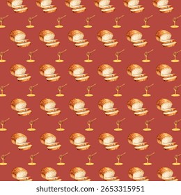 A cozy, rustic seamless pattern featuring loaves of artisan bread and dripping honey wands, hand-painted in watercolor style. Ideal for bakery branding, food packaging, or farmhouse kitchen decor.