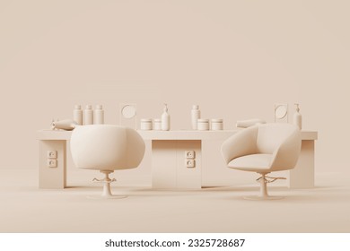 Cozy salon interior with two armchairs and table, accessories and attributes, copy space empty background. Concept of haircut, style and beauty care. 3D rendering illustration - Powered by Shutterstock