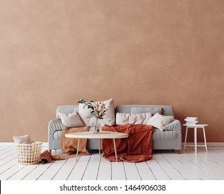 Cozy Scandinavian interior with sofa and minimal decor,3d render
