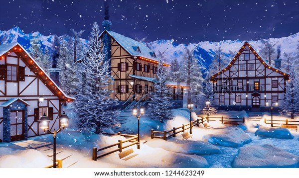 高山の山の町は 雪が降る冬の夜に 伝統的な木の生えかけの田舎 の家々やクリスマスライトで こぢんまりした雪で覆われていました 自分の3dレンダリングファイルから3dイラストを取り出す人がいない のイラスト素材
