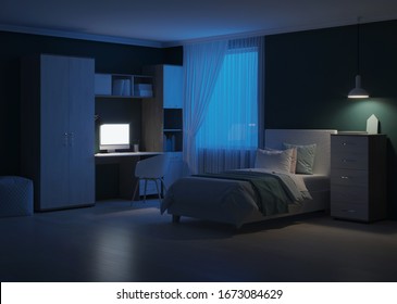 Cozy Stylish Bedroom Designed For A Teenager. Night. Evening Lighting. 3D Rendering.