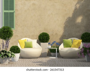 Cozy Terrace In The Garden With Flowers