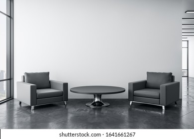 Cozy Waiting Room With Two Chairs, Table, Concrete Floor And Blank Wall. Workplace And Lifestyle Concept. 3D Rendering