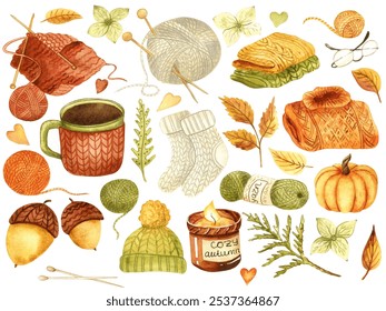 Cozy watercolor autumn illustration. Hand painted elements. Warm bright colors for handmade design - Powered by Shutterstock