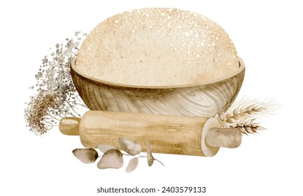 Cozy watercolor painting of a wooden bowl filled with bread dough. Next to her lay a worn-out rolling pin, and three plump ears of wheat on a white background. - Powered by Shutterstock